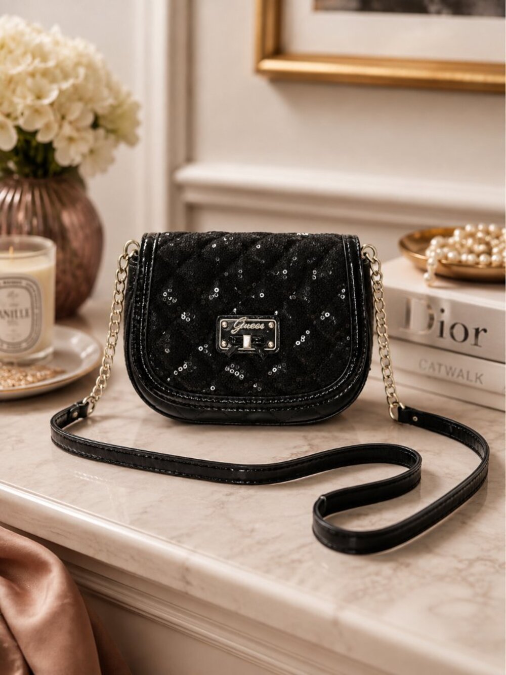 Guess Black Sequin Quilted Mini Crossbody Bag Silver Chain